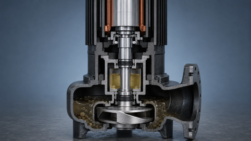 Flygt pump mechanical seals showing upper and lower seal positions