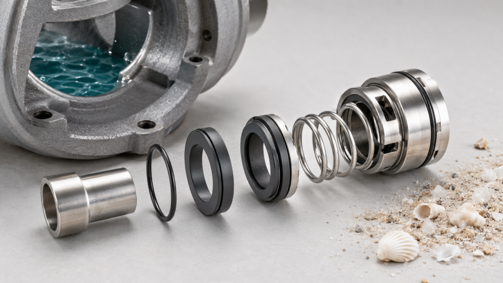 Seawater pump seals with silicon carbide faces and corrosion-resistant components