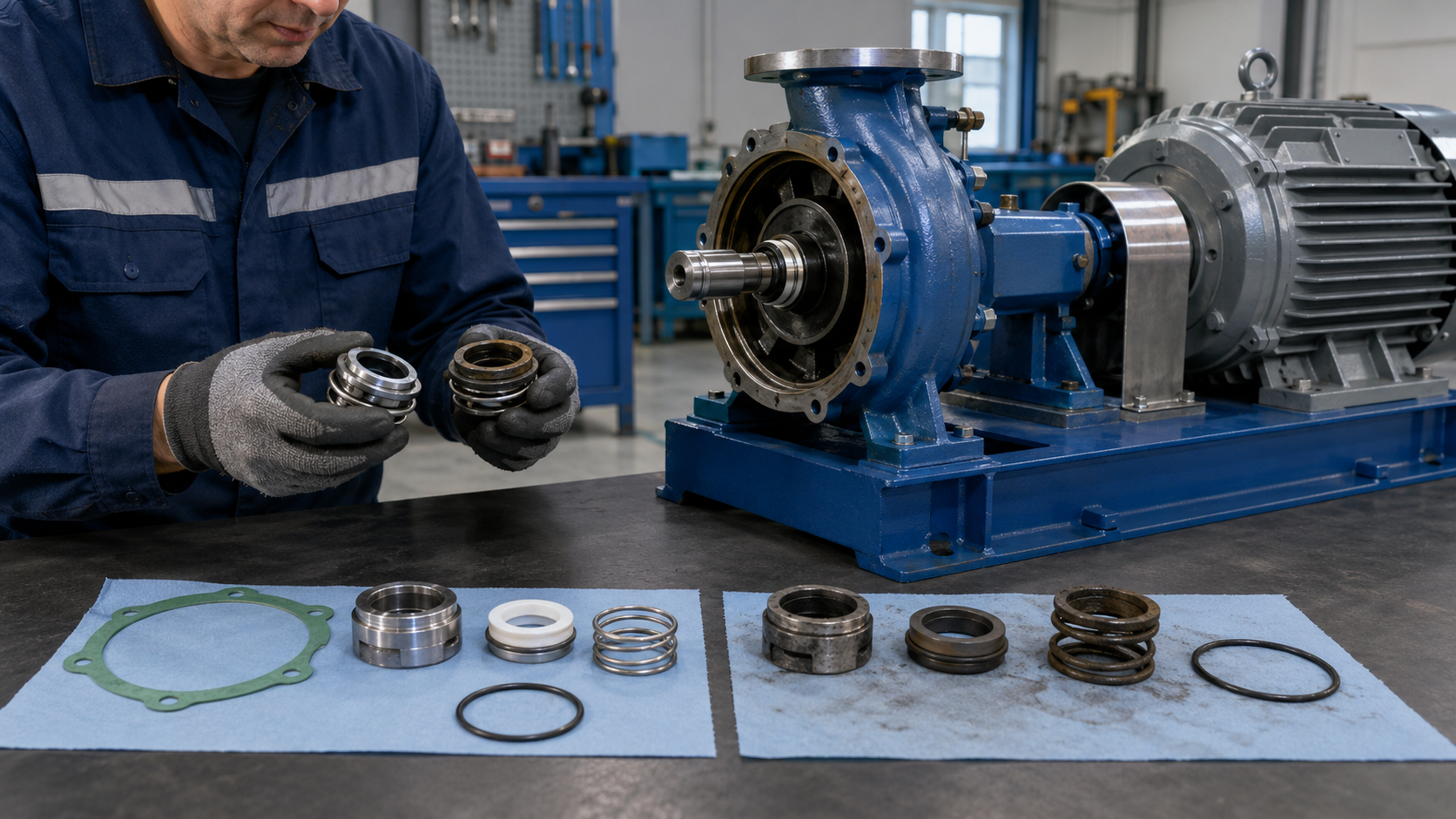Wilo pump mechanical seal replacement in a clean maintenance workshop