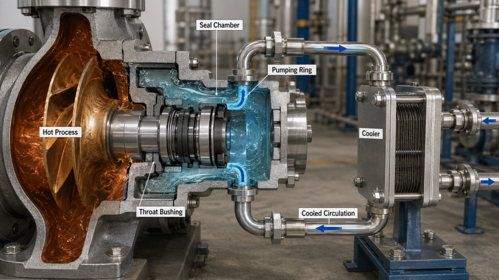 API 682 Plan 23 mechanical seal cooling loop with pumping ring cooler and throat bushing