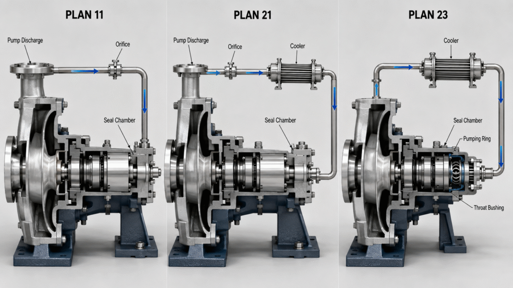 API 682 seal flush plans Plan 11, Plan 21 and Plan 23 flow path comparison