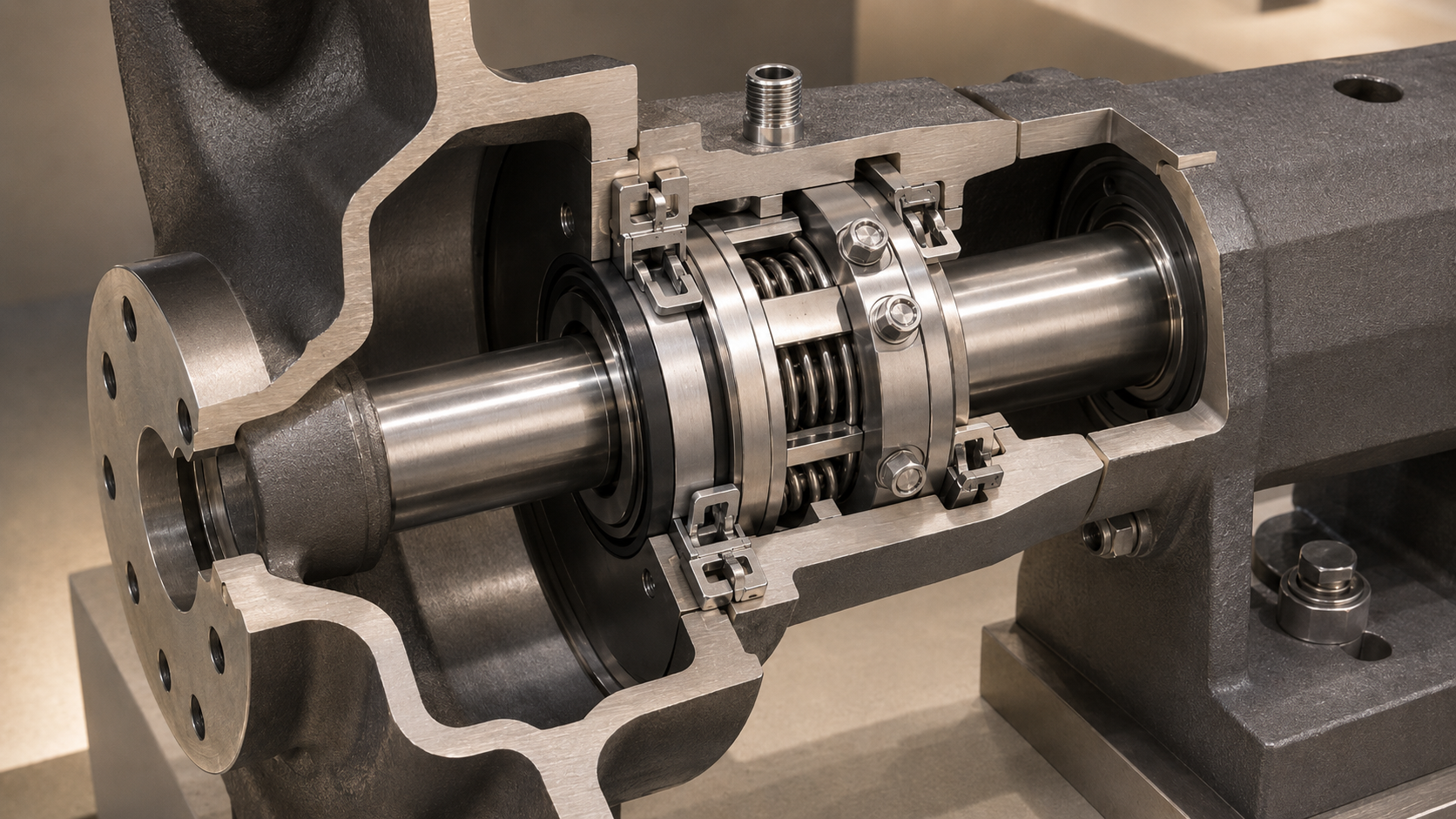 Cartridge seal installation showing gland, drive collar, setting clips, and pump shaft