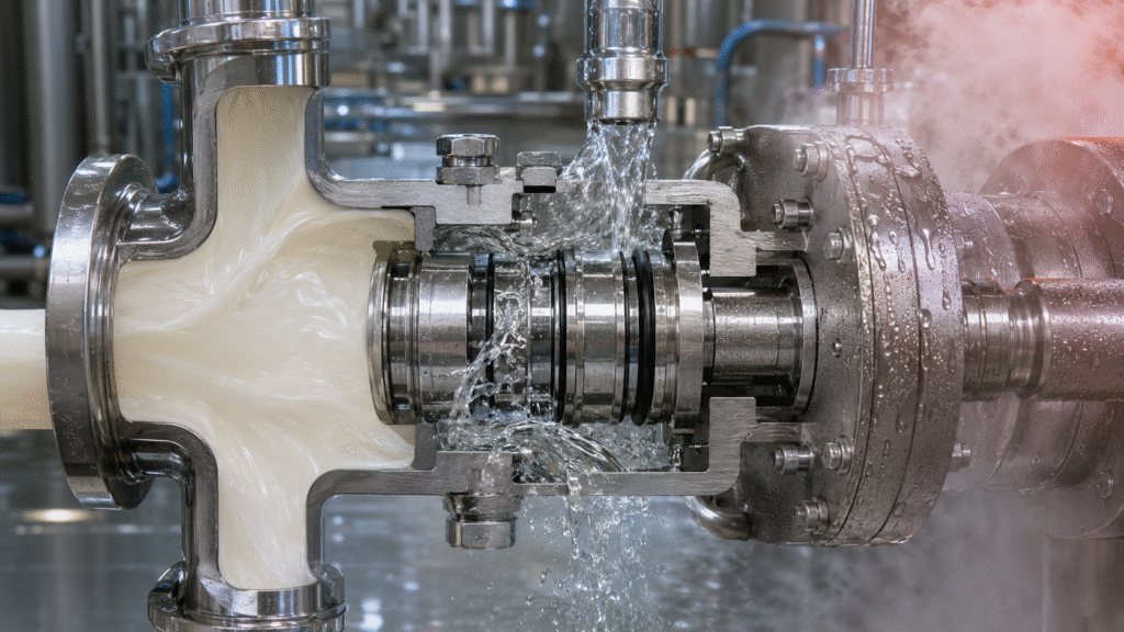 Hygienic mechanical seal exposed to dairy product CIP chemicals hot rinse and SIP conditions