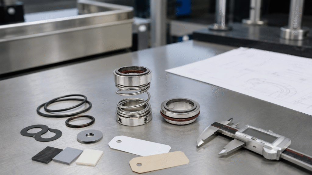 Compatible replacement mechanical seal with stationary seat O-rings and dimensional material inspection references