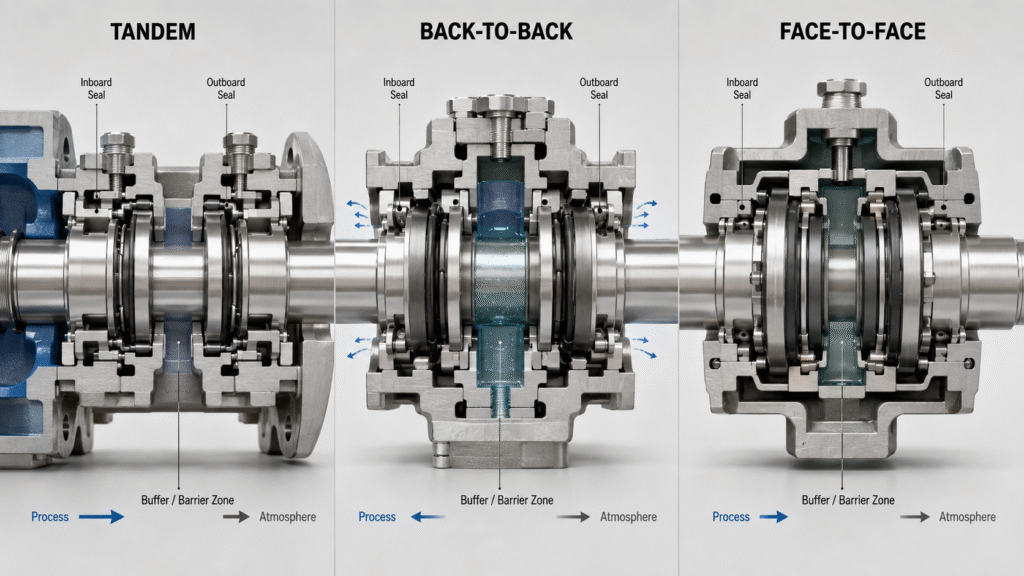 Double mechanical seals in tandem, back-to-back and face-to-face arrangements