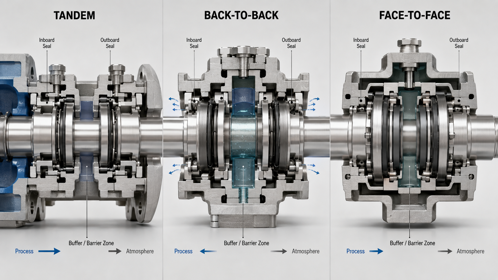 Double mechanical seals in tandem, back-to-back and face-to-face arrangements