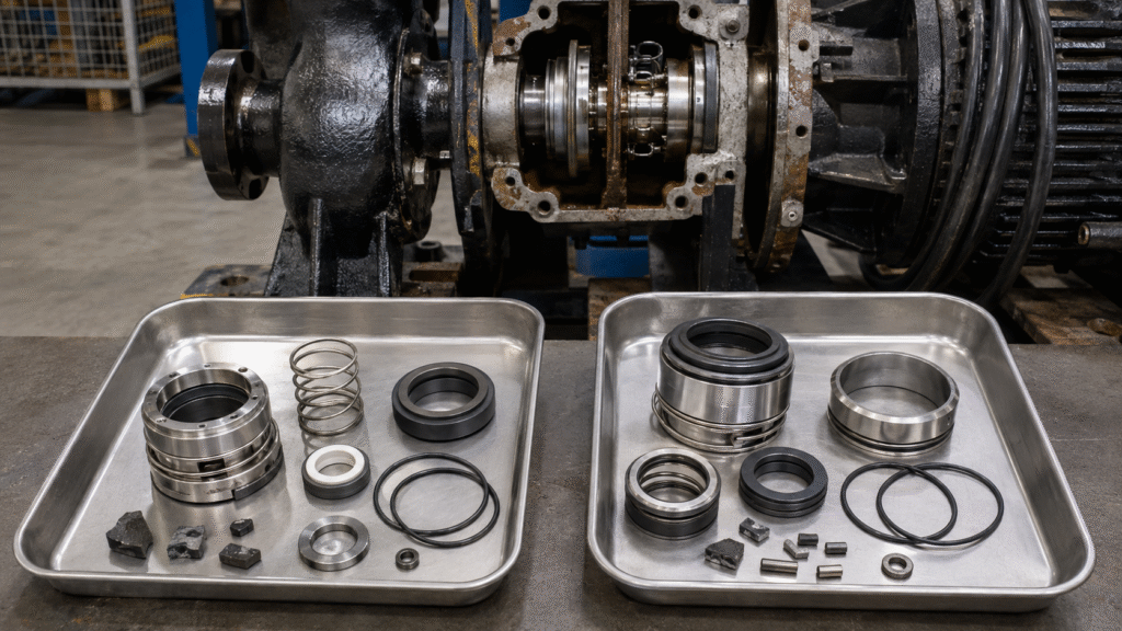 Upper and lower mechanical seal components organized separately for accurate supplier identification
