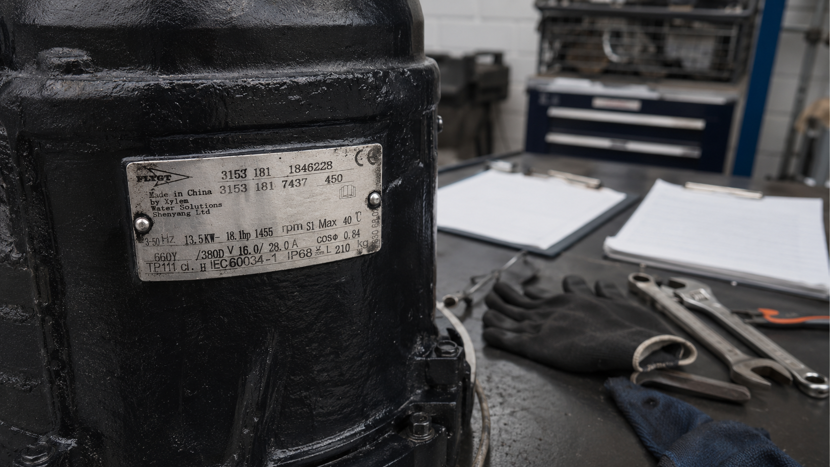 Flygt 3153.181 mechanical seal service identification using the real pump nameplate and maintenance records
