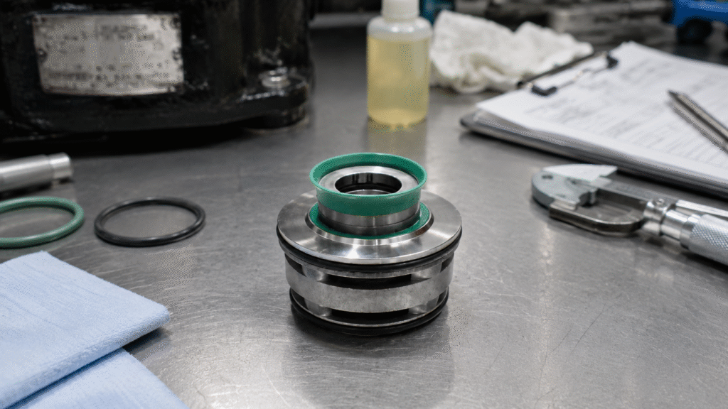 Flygt 3153.181 cartridge mechanical seal inspection before pump reassembly with verified service components
