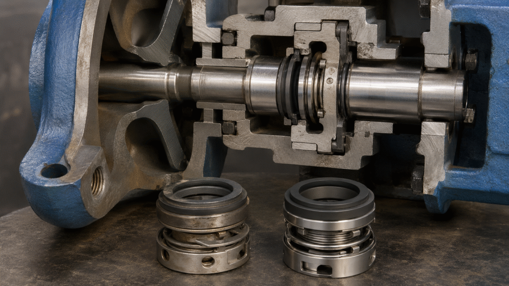 Replacement mechanical seal comparison with old seal modified shaft sleeve stationary seat and pump configuration