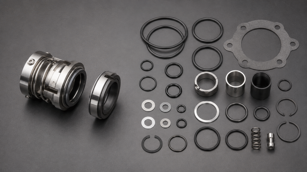 Grundfos pump seal replacement showing mechanical seal and separate service kit components