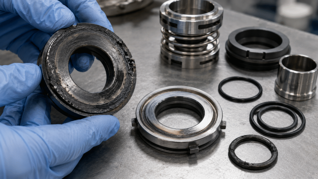 Dry-running damage on mechanical seal faces showing glazing wear and heat marks