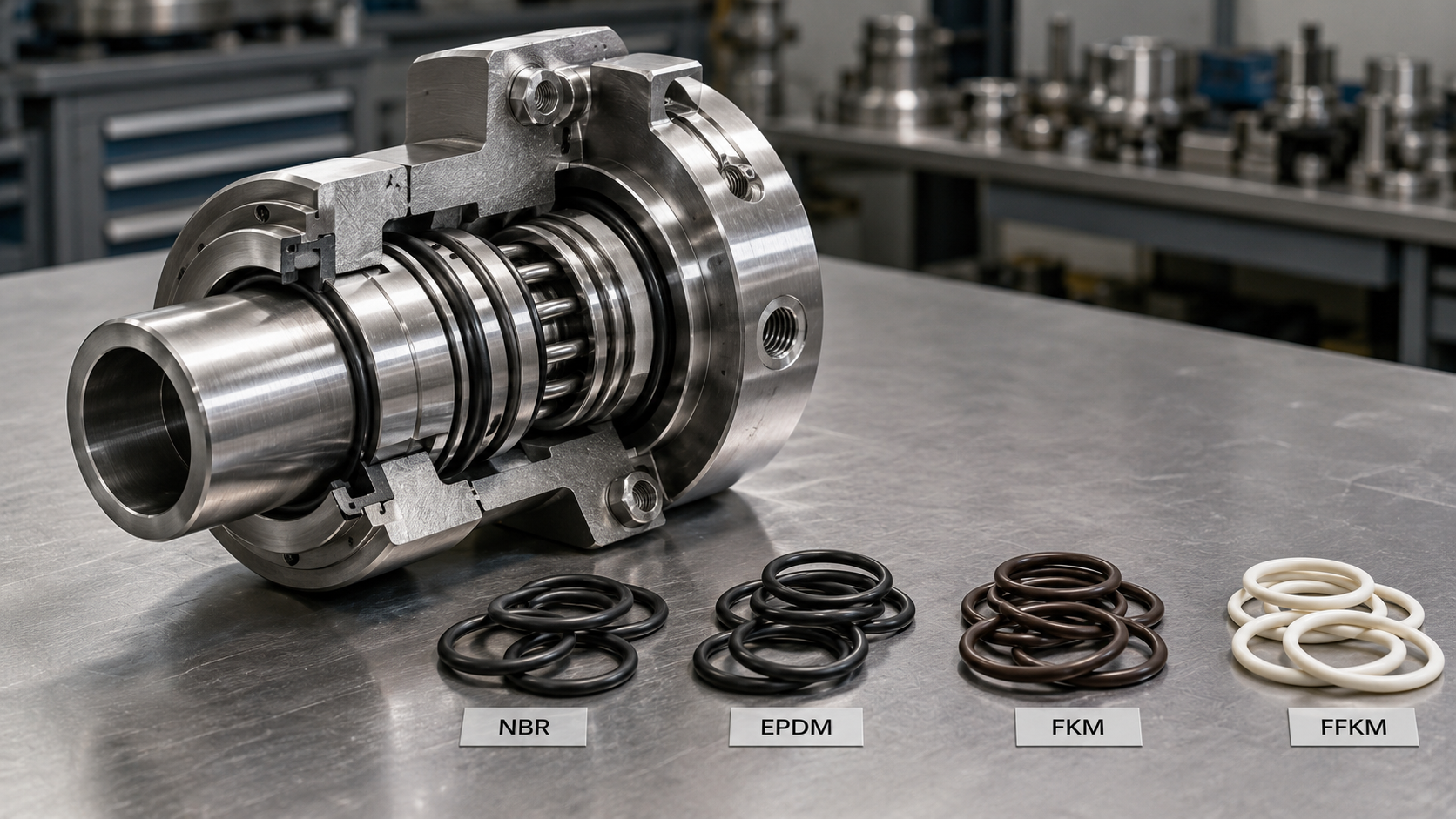 Mechanical seal elastomers NBR, EPDM, FKM and FFKM beside an industrial pump seal