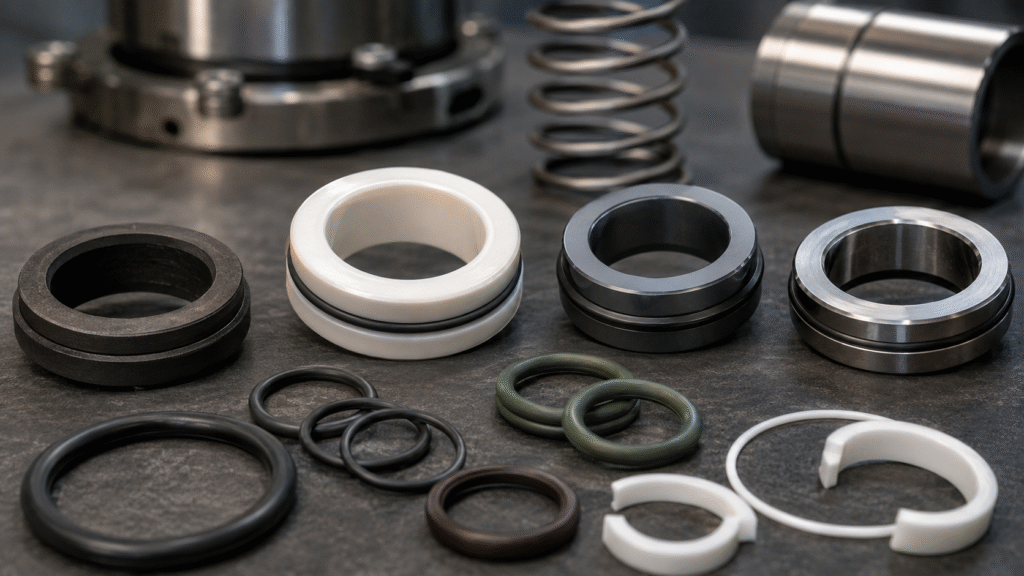 Carbon ceramic silicon carbide and tungsten carbide mechanical seal faces with elastomer components