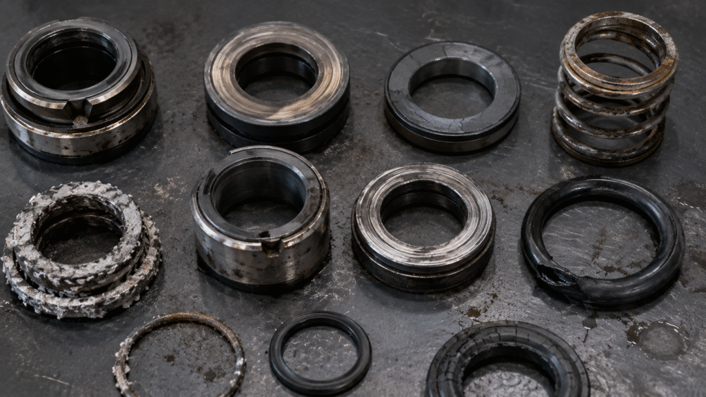 Scored cracked and deposited mechanical seal faces with damaged elastomer and corroded spring