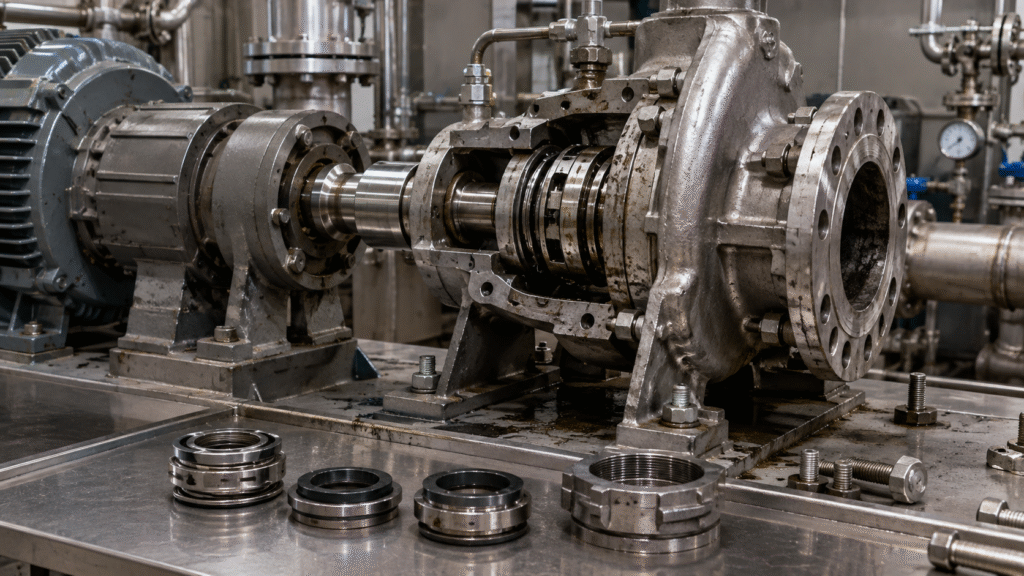 Mechanical seal failure root cause inspection on an industrial centrifugal pump