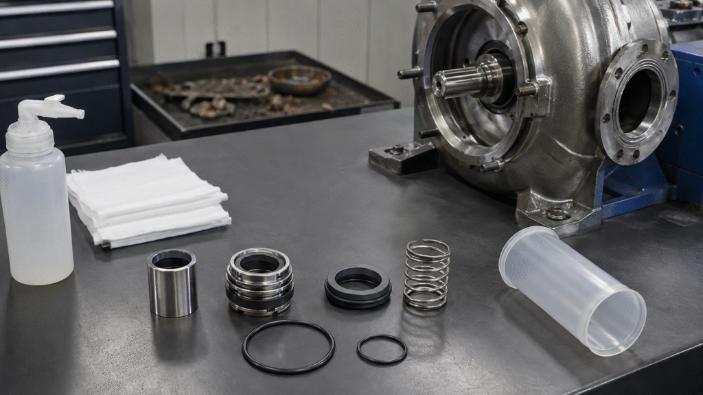 Mechanical seal installation preparation with clean shaft, stationary seat and seal components