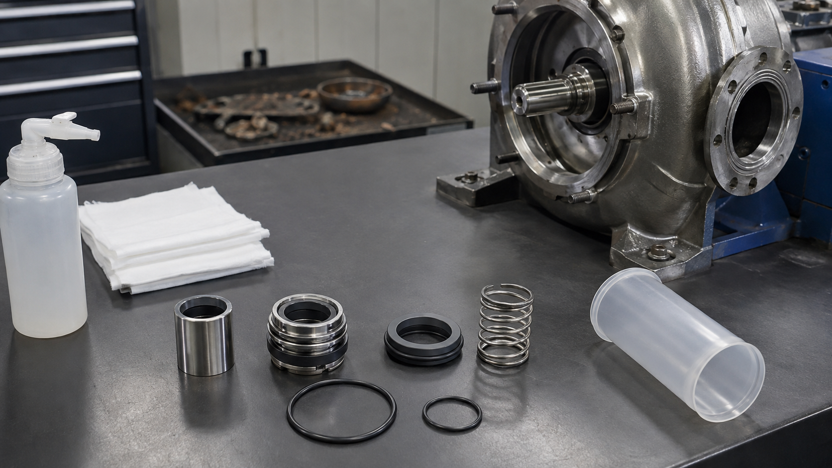 Mechanical seal installation preparation with clean shaft, stationary seat and seal components