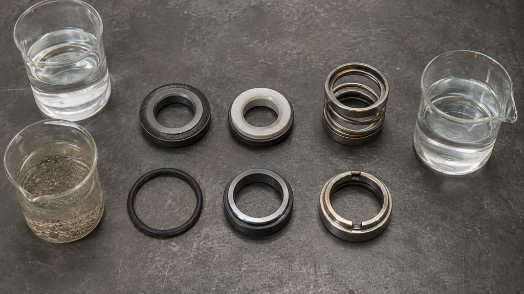Silicon carbide carbon elastomer and metal components evaluated for corrosive abrasive and hot pump service