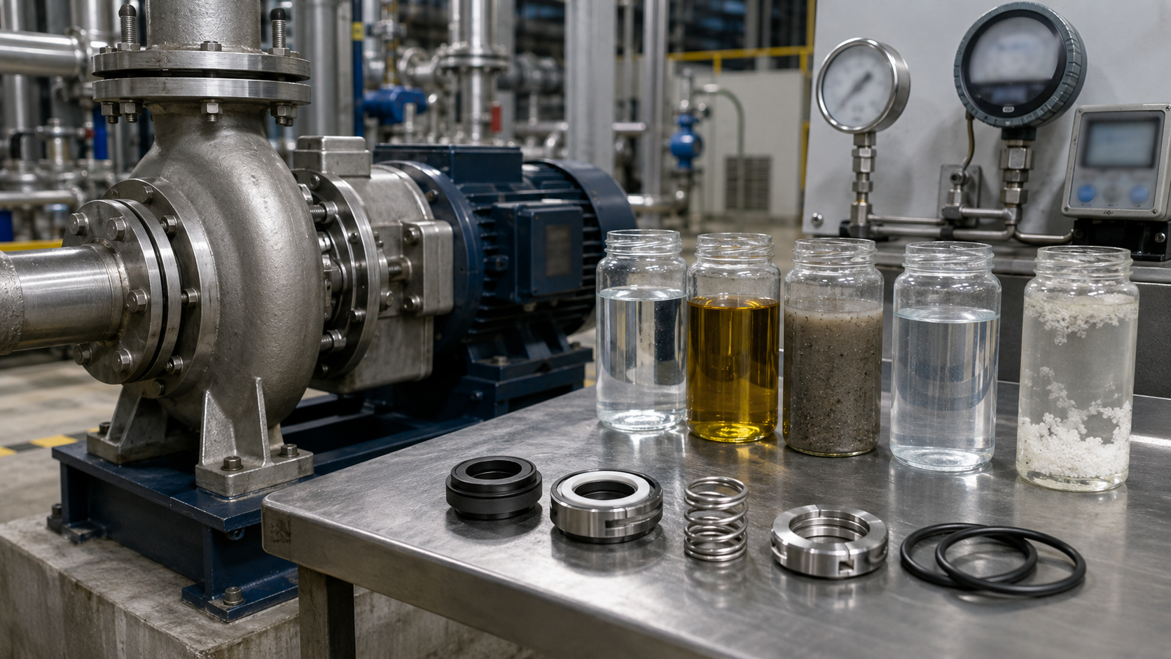 Mechanical seal material selection based on fluid temperature solids and pump operating conditions