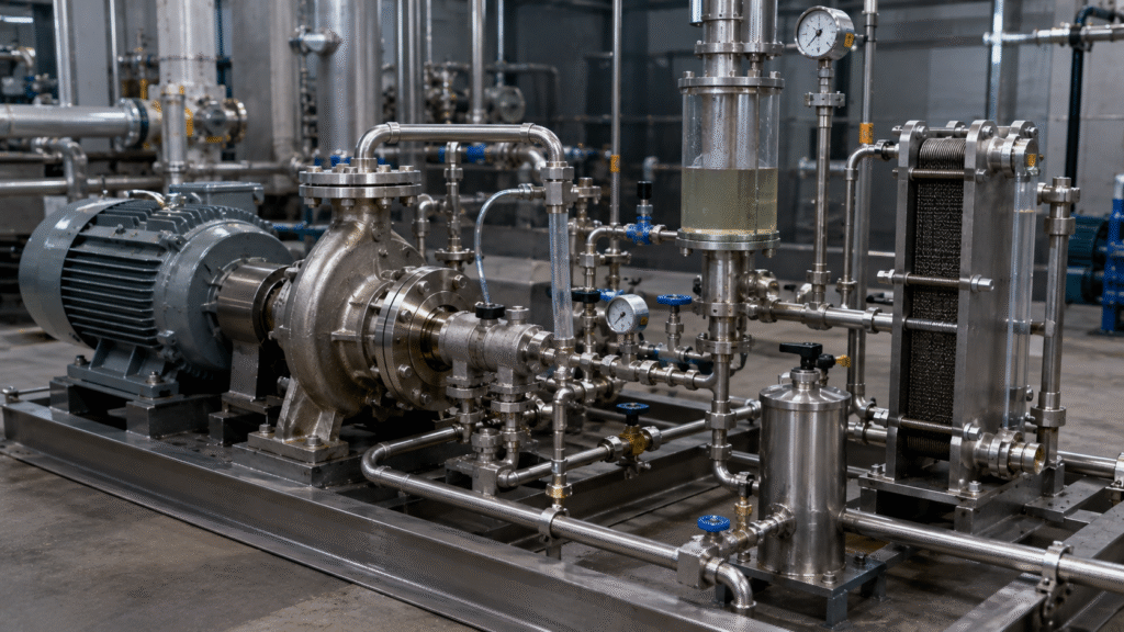 Mechanical seal support system with flushing cooling circulation and fluid control around a centrifugal pump