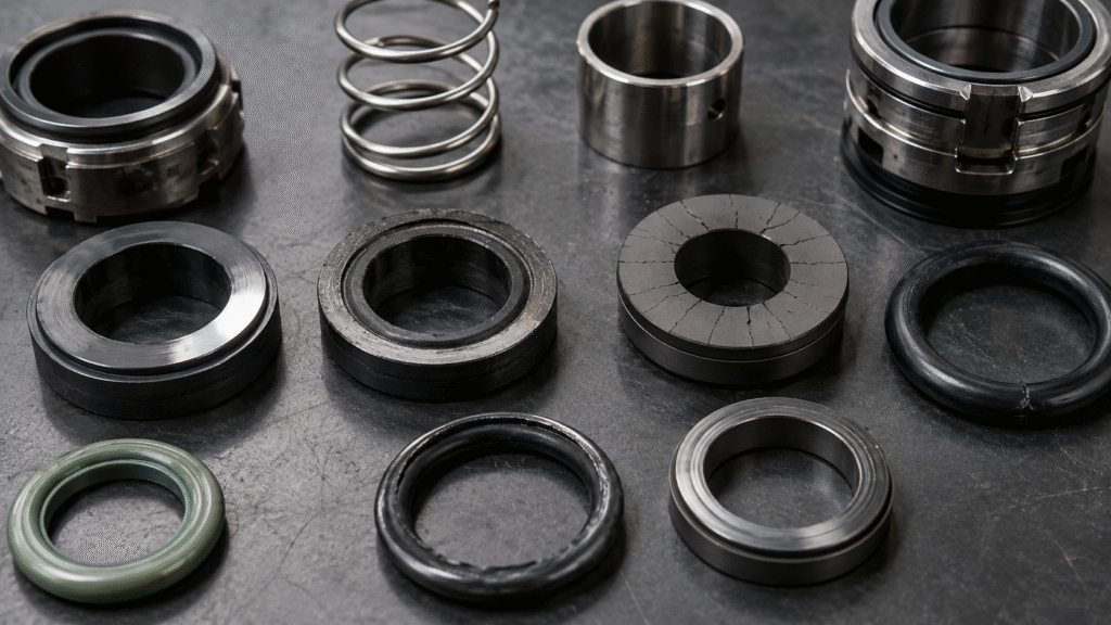 Glazed carbon face radial cracks hardened O-ring and uneven wear from possible mechanical seal heat damage