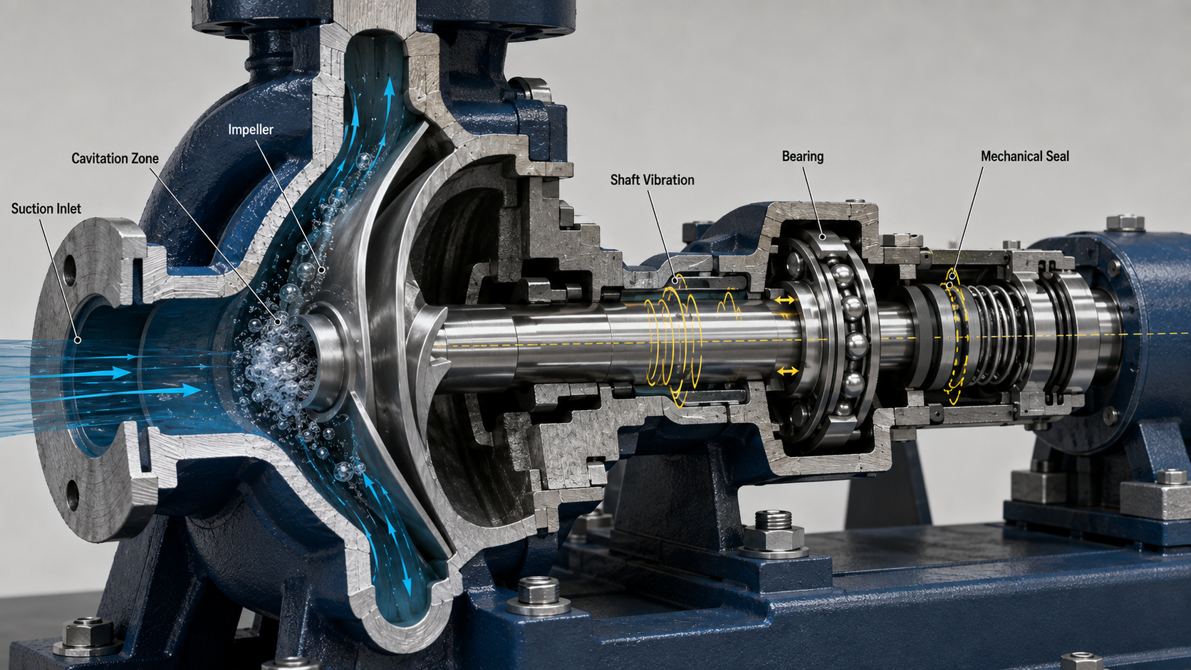 Pump cavitation and vibration causing unstable shaft movement at a mechanical seal
