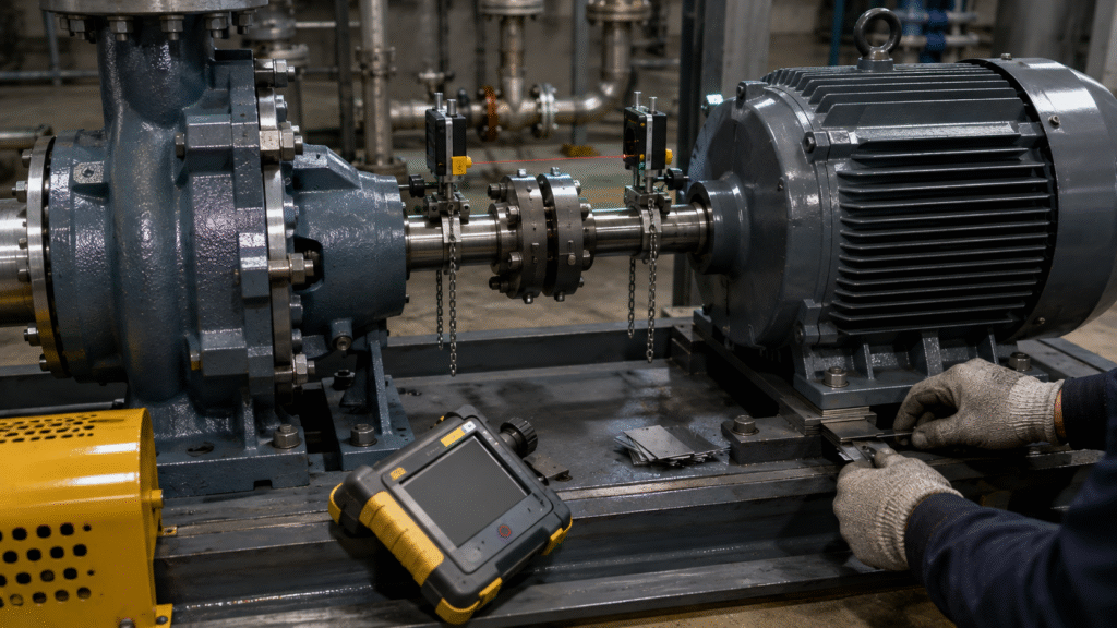 Laser alignment check between a centrifugal pump and motor after repeated mechanical seal failure