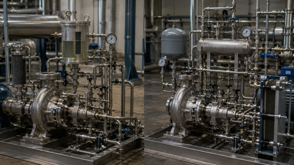 Pump seal support systems comparing buffer fluid and pressurized barrier fluid arrangements