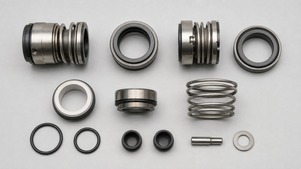 Pump seal identification photos showing rotating assembly stationary seat side views and seal components