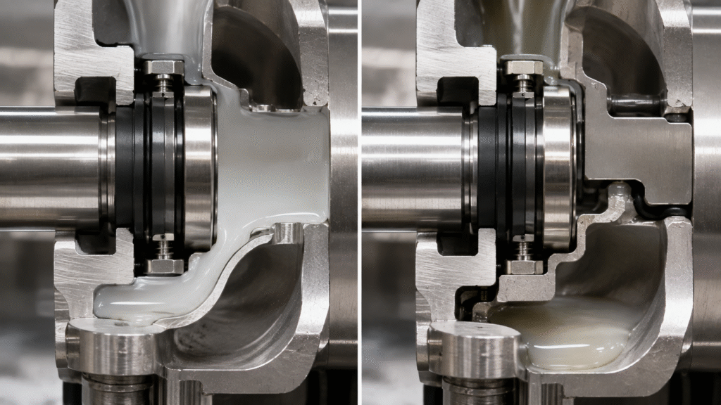 Sanitary pump replacement mechanical seal showing drainability product-contact geometry and crevice risk