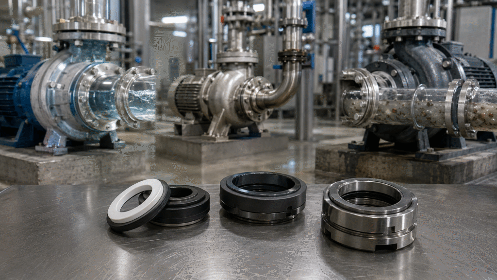Silicon carbide tungsten carbide ceramic and carbon seal faces for water chemical and abrasive pump service