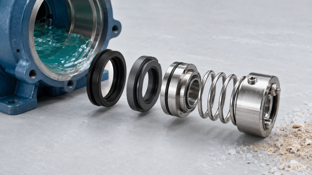 Seawater pump seals with silicon carbide faces and corrosion-resistant components