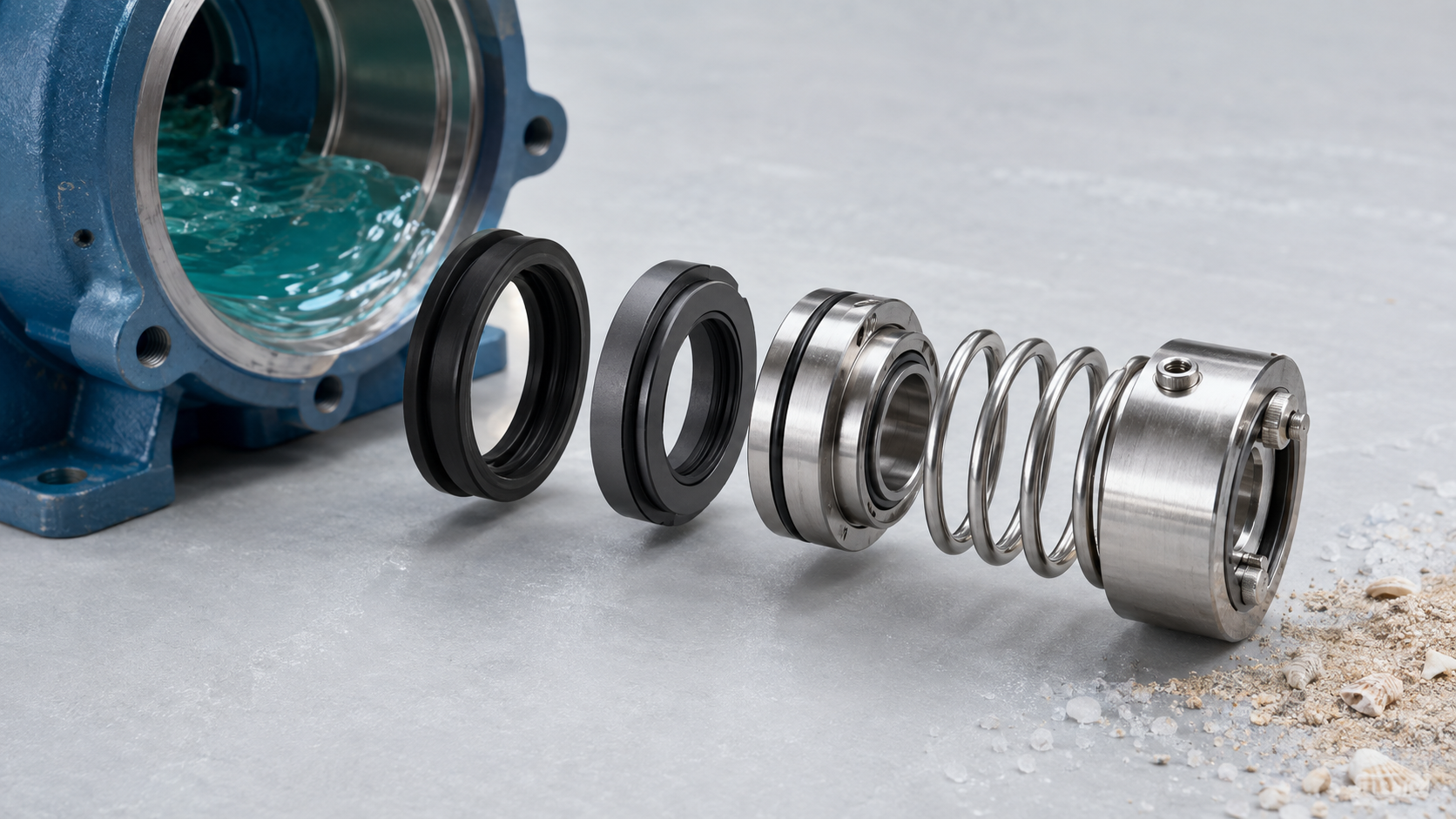 Seawater pump seals with silicon carbide faces and corrosion-resistant components