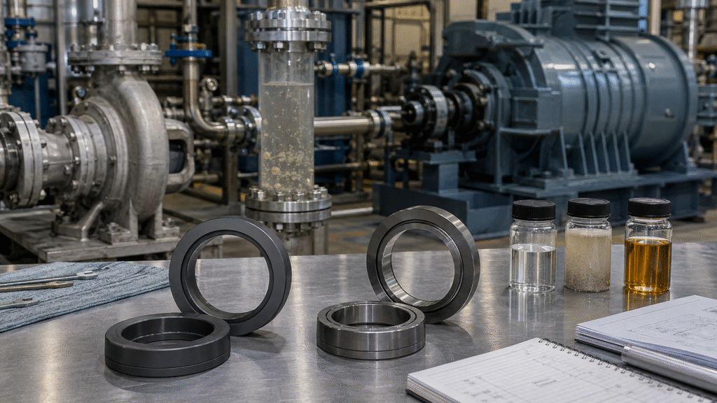 Silicon carbide and tungsten carbide seal faces evaluated for abrasive corrosive and mechanically severe pump service
