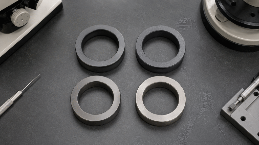 SiC and tungsten carbide seal face grades showing ceramic structure and cemented carbide material differences