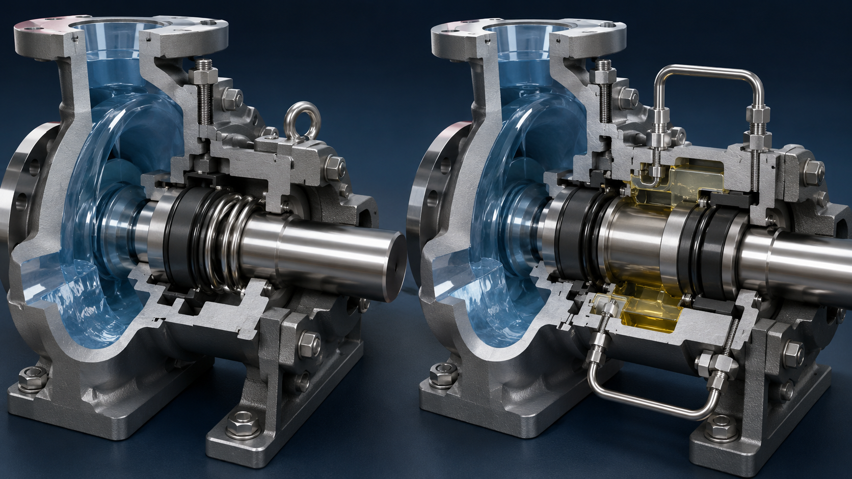 Single vs double mechanical seals compared in an industrial pump cutaway