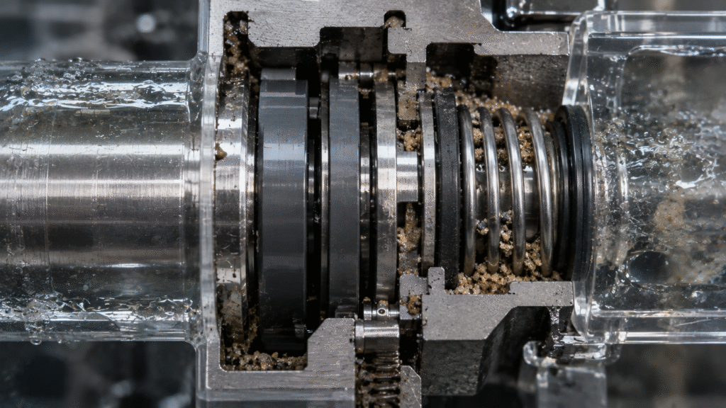 Mechanical seal materials in wastewater service showing solids intrusion face separation and spring blockage