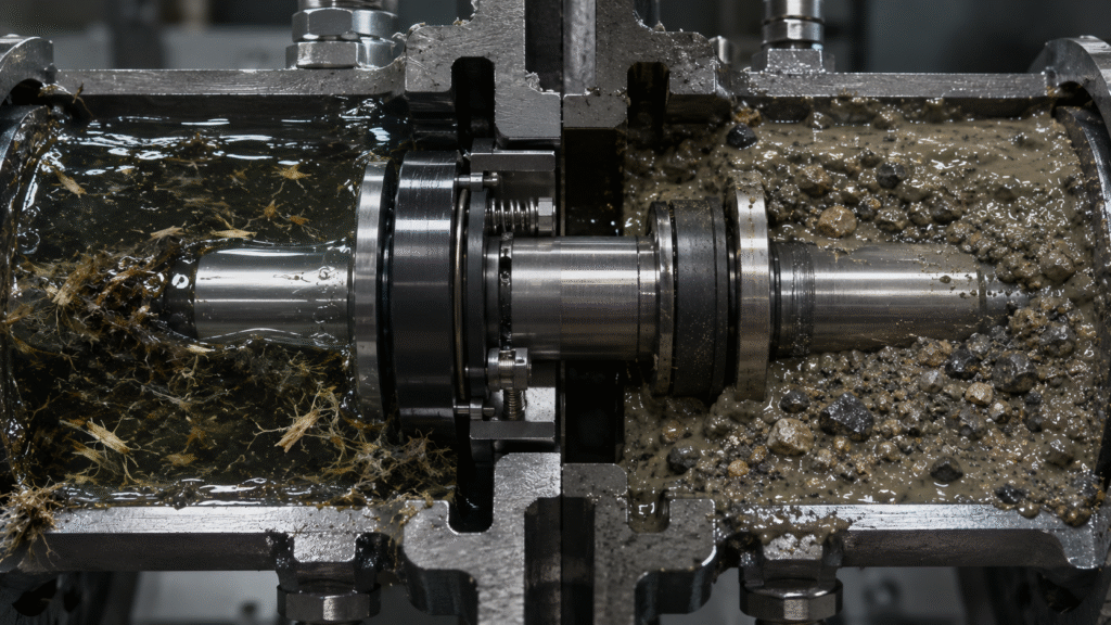Wastewater mechanical seal materials exposed to fibrous sewage and abrasive slurry pump conditions