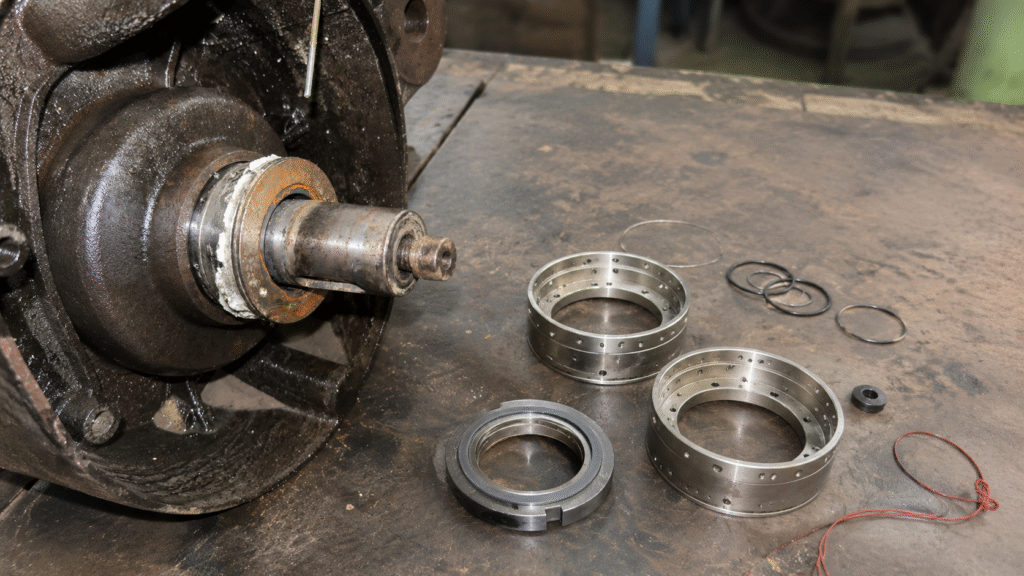 Wilo mechanical seal replacement verification with old installed seal and disassembled replacement components on a repair bench