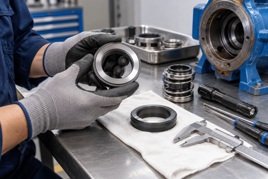 Technician inspecting a mechanical seal face for scratches cracks and wear
