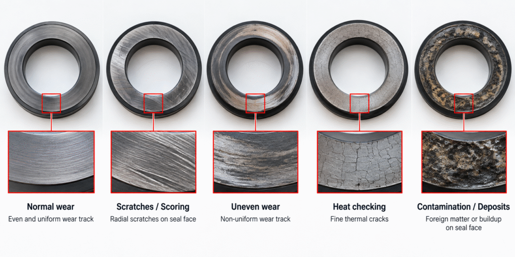 Mechanical seal face wear patterns including scoring uneven wear and thermal damage