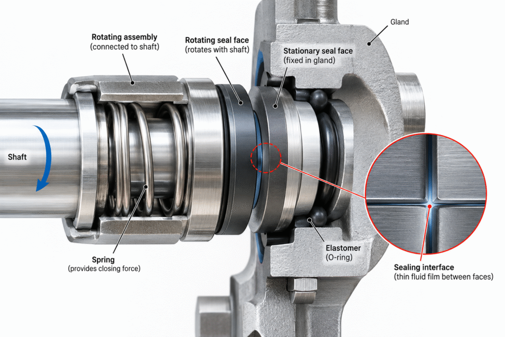 Mechanical seal face diagram showing rotating and stationary faces and the thin fluid film between them